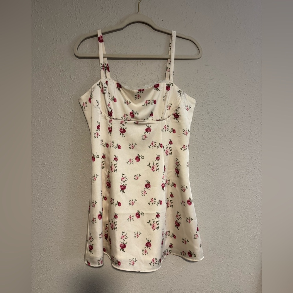 Ivory Floral adjustable Strap Mini Dress - Pink Rose Print